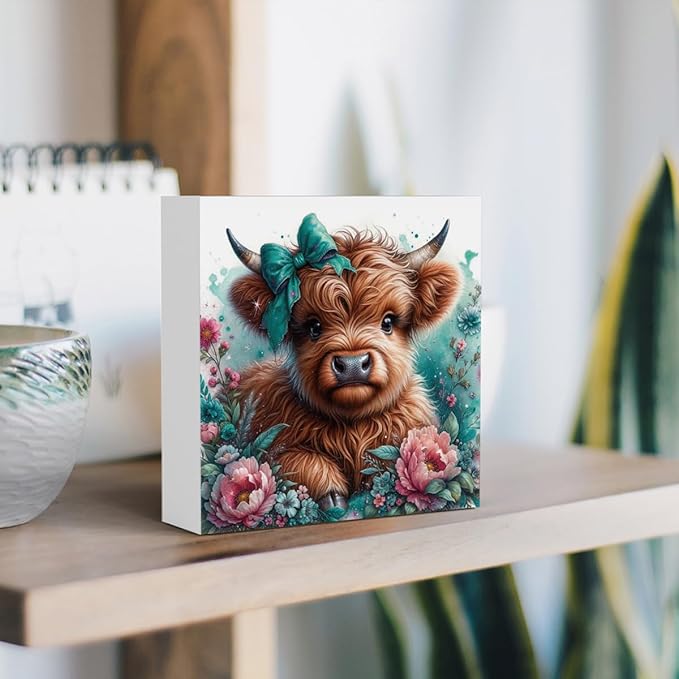 Highland Cow Decor, Highland Cow Gifts for women, Highland Cow Baby Decor, Cow With Pink Bow, Highland Cow Nursery Decor, Wooden Box Decor Sign for Home Farmhouse Office Living Room Table Shelf-Ruum Studio Home