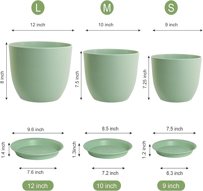 Large Plant Pots 12/10/9 inch, Set of 3 Modern Decorative Plastic Planters with Drainage Holes and Saucers, Flower Pots for Indoor Outdoor Plants, Green-Ruum Studio Home
