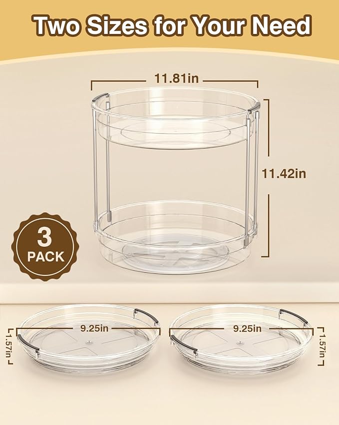2 Pack Lazy Susan Organizer 9.25''and 11.81'' Two-Tier Lazy Susan Turntable for Cabinet, Spice Rack, and Pantry Storage - Spinning Makeup Organizer for Bathroom, Clear-Ruum Studio Home