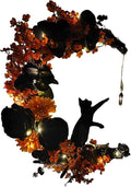 Halloween Wreaths for Front Door with Light, Black Cat Crescent Moon Wreath, Cute Cat Garland Halloween Door Decorations for Outdoor Indoor Decor Wall Window Home Party-Ruum Studio Home