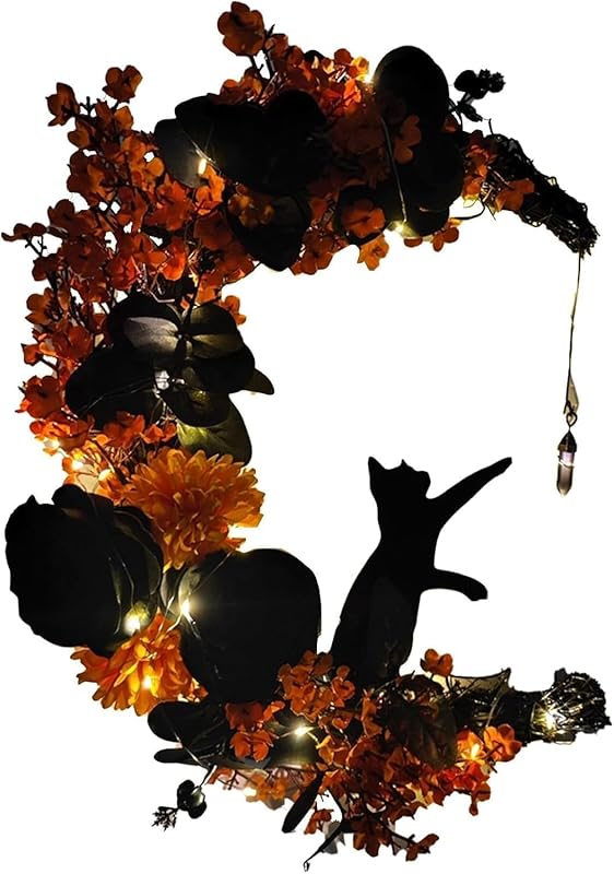 Halloween Wreaths for Front Door with Light, Black Cat Crescent Moon Wreath, Cute Cat Garland Halloween Door Decorations for Outdoor Indoor Decor Wall Window Home Party-Ruum Studio Home