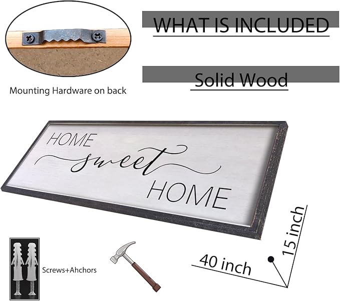 Home Sweet Home Sign Wall Decor 40"x15" Above Bed Living Room Large Wooden Framed Family Plaques Art (Black)-Ruum Studio Home
