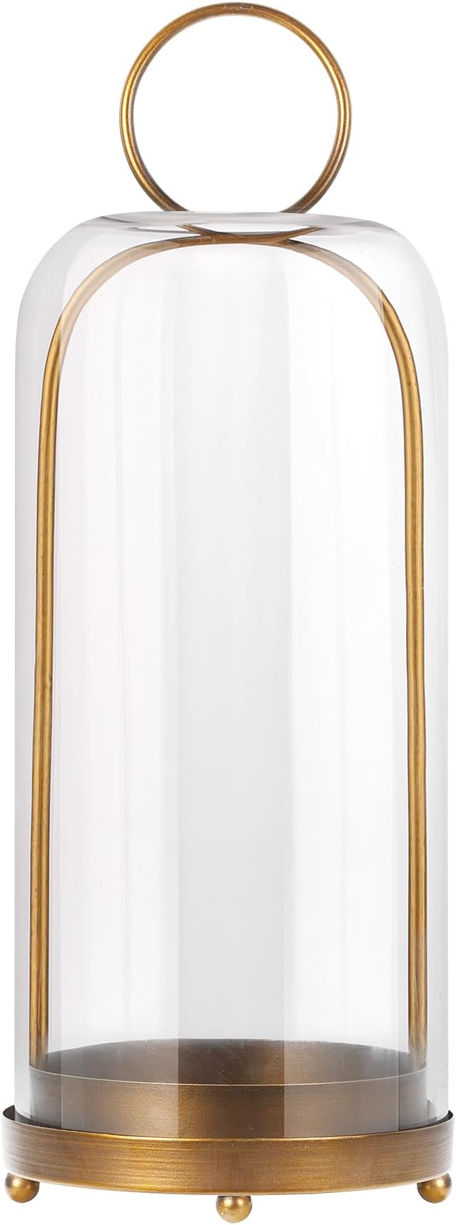 20" High Versatile Modern Metal Hurricane Lantern with Handmade Sturdy Glass Dome for Pillar Candle & Plants (Brass, 7.5"x20")-Ruum Studio Home