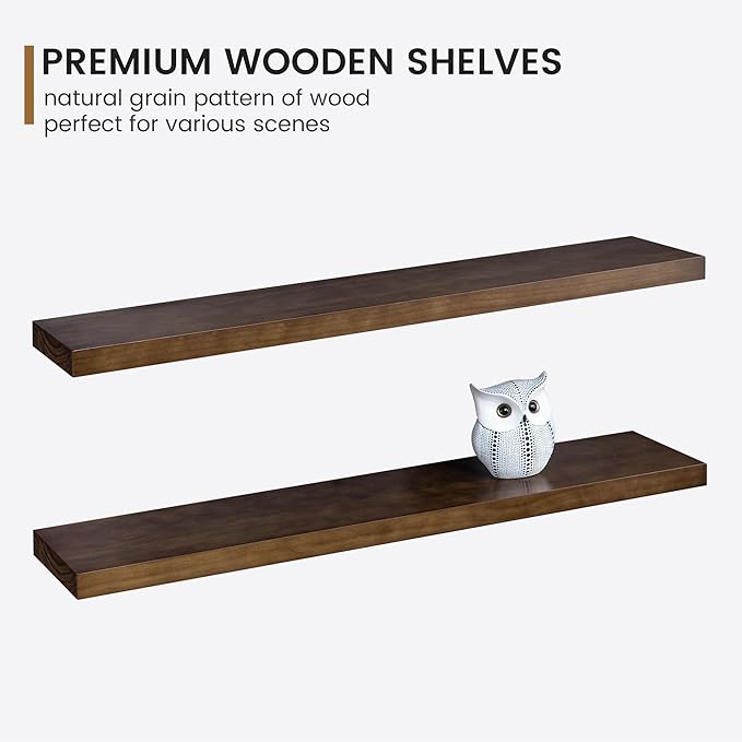 Floating Shelves 36 Inches Long - 8 Inch Deep Rustic Solid Pine Wood for Storage - Farmhouse Wall Mounted for Living Room - Heavy-Duty Metal Bracket - 36" W x 8" D - Set of 2 - American Walnut Color-Ruum Studio Home