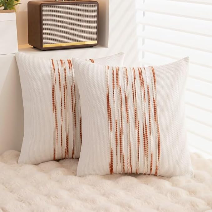 Boho Throw Pillow Covers 18x18 Set of 2 Christmas Decorative Cushion Case Striped Square Pillows Cover Chenille Pillow Cases Accent Neutral Pillowcase for Sofa Couch Bed,White Wine-red-Ruum Studio Home