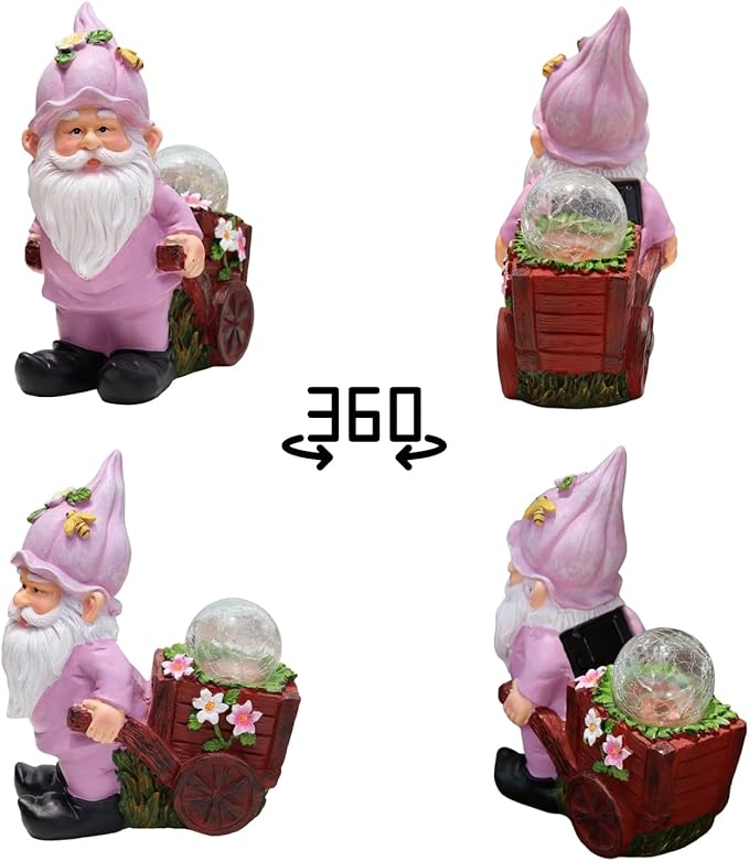 Solar Garden Gnome Statue with Crackle Glass Globe Lights, Waterproof Outdoor Decor for Patio, Lawn, or Yard, Whimsical Housewarming Gift(Pink Gnomes)-Ruum Studio Home