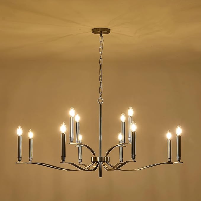 12 Light Nickel Living Room Chandelier High Ceiling Foyer Candle Chandelier Large Modern 44in Metal Chandeliers Hanging Light for Master Bedroom Dining Room Light Fixture Over Table-Ruum Studio Home