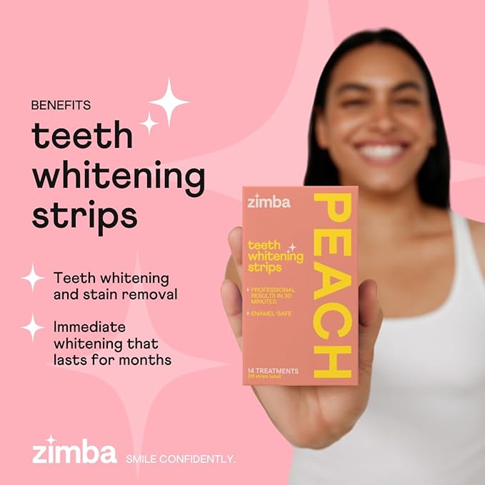 Zimba Teeth Whitening Strips Vegan Whitening Strip Enamel Safe Teeth Whitening Hydrogen Peroxide Teeth Whitener for Coffee, Wine, and Other Stains, 28 Strips (14 Day Treatment), Peach-Ruum Studio Home