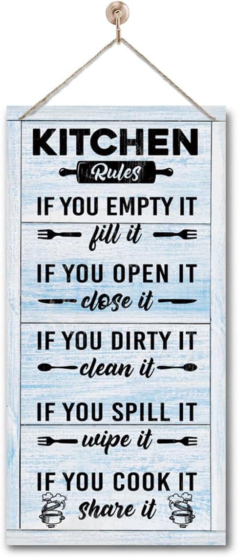 Hanging Kitchen Rules Wood Decor Sign, Rustic Kitchen Wooden Signs, Printed Wood Wall Art Sign, Kitchen Door Rules Rustic Sign, Hanging Wood Sign Kitchen Decor, Funny Farmhouse Kitchen Wall Décor D1-Ruum Studio Home