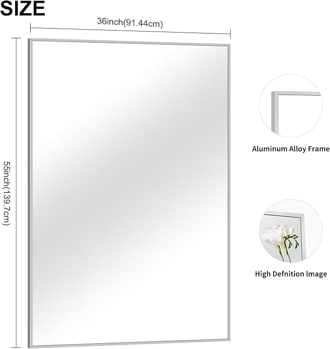 36x55inch Bathroom Mirror, Silver Rectangle Mirror with Thin Metal Frame, Large Rectangular Wall Mirrors for Bathroom, Living Room, Hair Salon, Big Mirror Hang Horizontal/Vertical-Ruum Studio Home