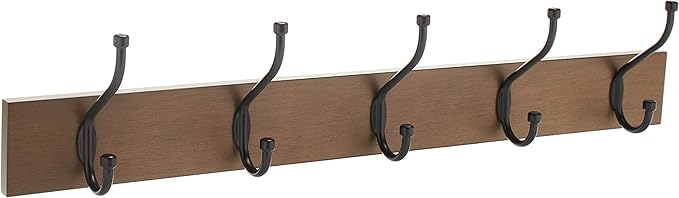 Amazon Basics Rectangular Farmhouse Wall-Mounted Coat Rack with Storage Hooks, 5 Hooks, Barnwood-Ruum Studio Home
