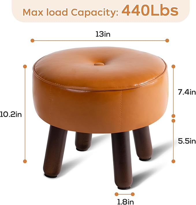 Small Foot Stool Ottoman, Round Pouf Foot Rest, Footstool Ottomans with Rubber Legs Under Desk, Faux Leather Footrest for Couch, Living Room, Bedroom, Hallway, Office, 13''L x 13''W x 10.2''H-Ruum Studio Home