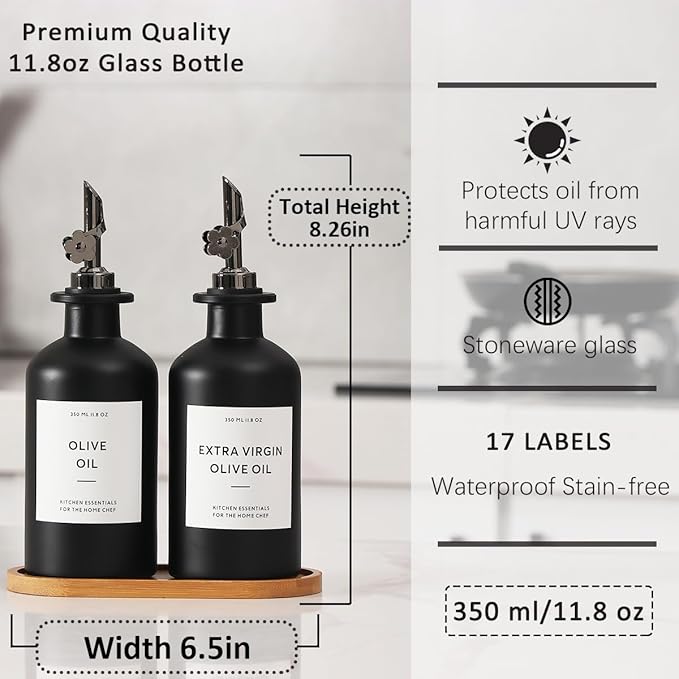 HOMCDALY Olive Oil Dispenser for Kitchen, 11.8oz Glass Kitchen Dispenser Bottle, Black Oil&Vinegar Cruet Set, Leakproof Olive Oil Bottles | Set of 2 (11.8oz – Black)-Ruum Studio Home