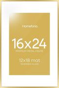 Homeforia 16 x 24 Picture Frame Gold, High End Metal 16x24 Poster Frames with Mat 12x18 Photo, 16 x 24 Gold Frame Matted to 12 by 18 Print, 24x16 Thin Hanging Frame, Tempered Glass, Wall Kit, Set of 1-Ruum Studio Home