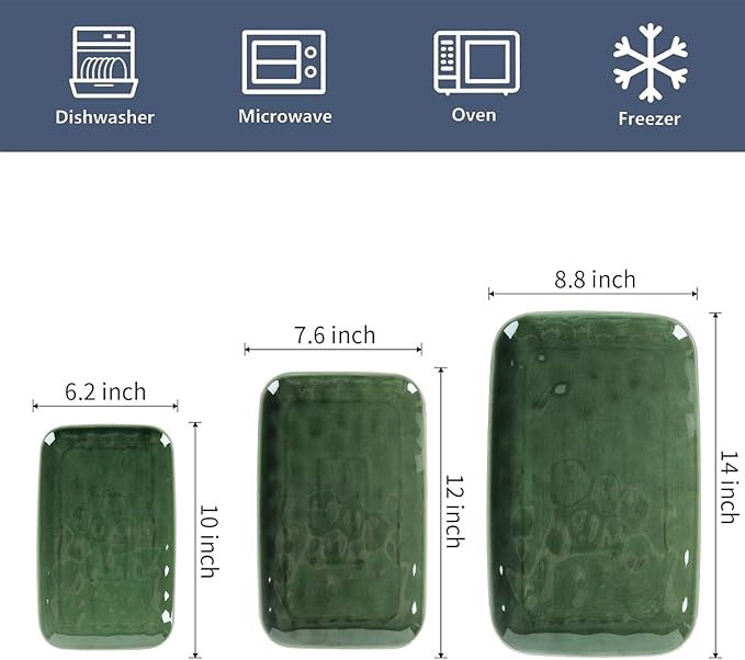 vicrays Ceramic Rectangle Serving Platters - 14" 12" 10" Porcelain Serving Trays Plates for Party BBQ Appetizers Sushi Dessert - Microwave Oven and Dishwasher Safe - Set of 3 Green-Ruum Studio Home
