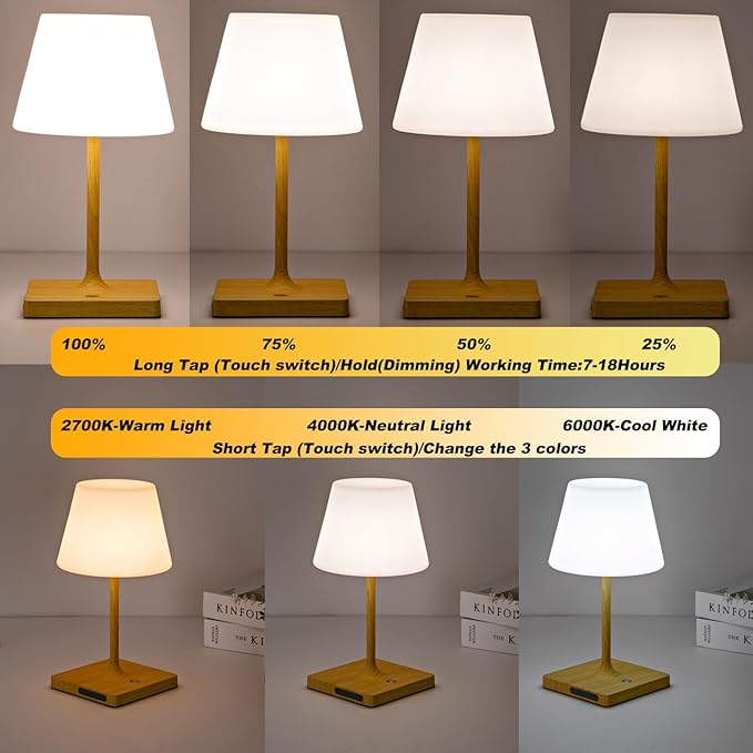 Cordless Table lamp, Outdoor Battery Operated Rechargeable Desk lamp,Waterproof Shower Lamp,4000mAh LED 3 Colors Dimmable Touch Lamps for Camping Patio Courtyard Bedroom-Wood-Ruum Studio Home