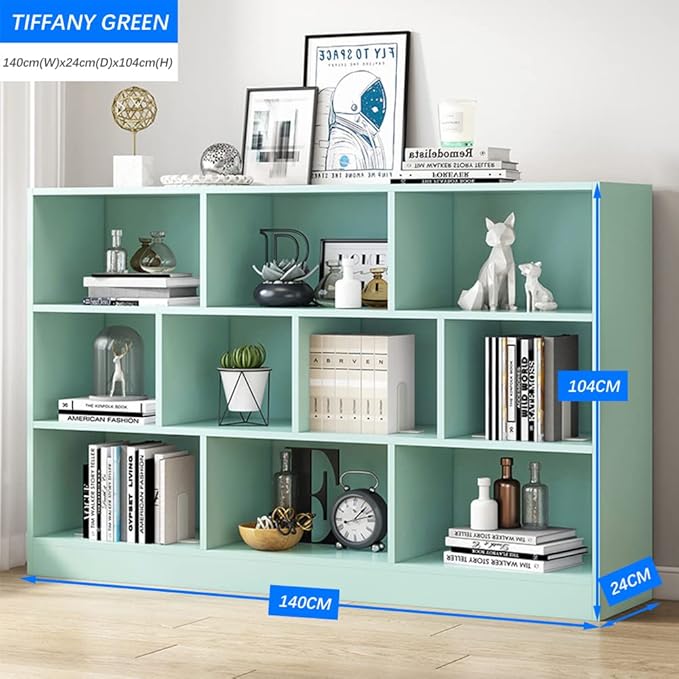 IOTXY Open Shelf Low Bookcase - Wooden 3-Tier Floor Standing Display Cabinet Organizer with Base, 10 Cubes Short Horizontal Bookshelf in Tiffany-Green-Ruum Studio Home