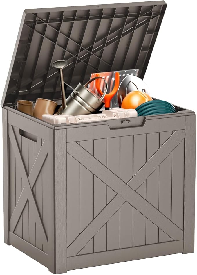 32 Gallon Deck Box Large Outdoor Storage for Patio Furniture,Outdoor Cushions,Garden Tools and Pool Supplies,Waterproof,Resin,Lockable(Grey)-Ruum Studio Home