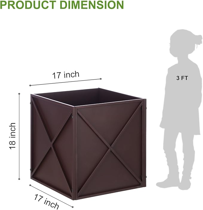 Metal Square Planter Box Tall Planters for Outdoor Plants Modern Heavy Duty with Drainage Holes for Outside Indoor Patio Deck - Brown, 17”x 17”x 18”-Ruum Studio Home