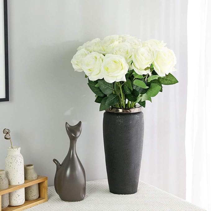 White Fake Roses Artificial Flowers - 10 Pcs Fake Artificial Roses Silk Flowers with Stems for Home Wedding Hotel Office Centerpiece Decor-Ruum Studio Home