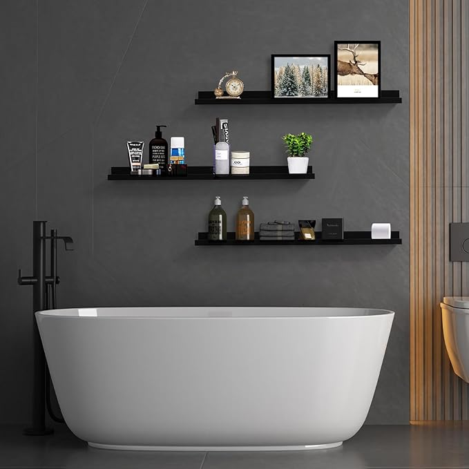 Long Floating Folding Shelves 48 Inch Wood Picture Ledge Shelf with Lip for Wall Black Storage Shelves for Kids Room Photo Shelves Wall Organizer Set of 3 for Bedroom Living Room Bathroom Kitchen-Ruum Studio Home