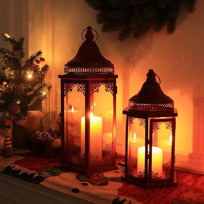 NEEDOMO Christmas Decorations Set of 2, 22''/15'' Christmas Lantern with Glass Panels for Home Decor, Decorative Hanging Lantern Indoor Outdoor for Xmas Table Centerpieces, Porch, Patio(Red)-Ruum Studio Home