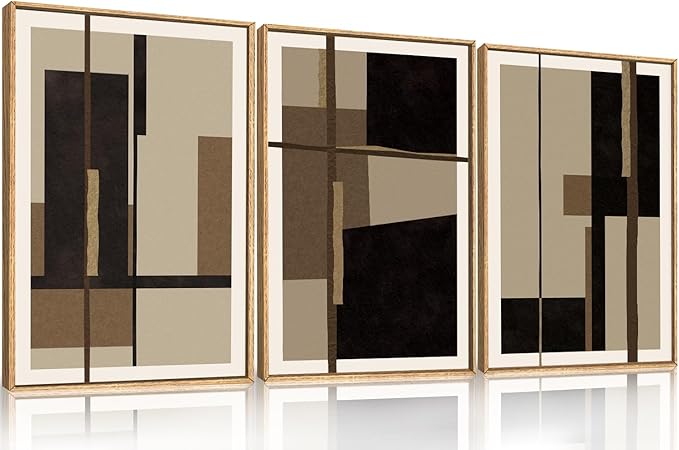 Abstract Shapes Framed Canvas Wall Art Set, Mid-Century Black Polygon Wall Decor, Black Brown Irregular Painting, Neutral Modern Art Print for Living Room, Dining Room, Office - 16"x24"x3-Ruum Studio Home