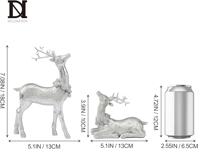 DN DECONATION Christmas Reindeer Figurines, Winter Deer Small Statues Decor, Silver Decorative Reindeer Sculptures, Resin Xmas Holiday Home Décor Accents for Office Living Room & Bedroom 2PCS-Ruum Studio Home