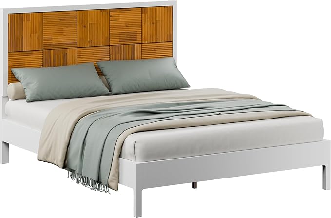 Bme Madia Bed Frame, Mid Century Queen Bed Frame and Headboard with Unique & Trendy Fluted Pattern, 800lbs Capacity Platform Bed Frame, Solid Acacia Wood Slat Support, Easy Assembly White Bed Frame-Ruum Studio Home