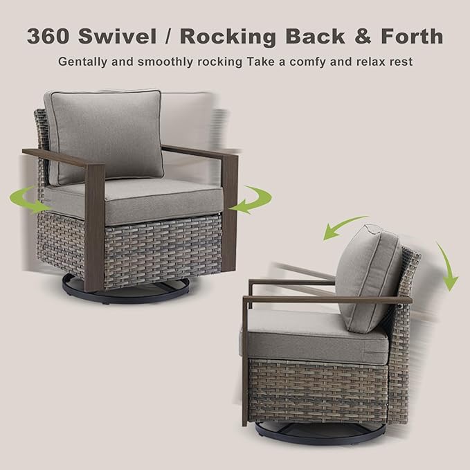 Outdoor Patio Swivel Rocker Chairs - Wicker Rattan Patio Swivel Rocking Chairs Set of 2 with Metal Wide Armrest, Thick Cushions and Deep Seating for Deck Porch Sunroom Garden(Mixed Grey/Grey)-Ruum Studio Home