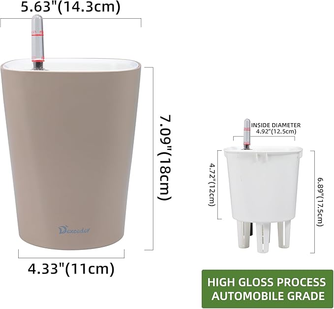 Dexceder 6x7 Self Watering Planter Indoor Outdoor, High Gloss Table Flower Plant Pot with Water Level Indicator (Taupe)-Ruum Studio Home