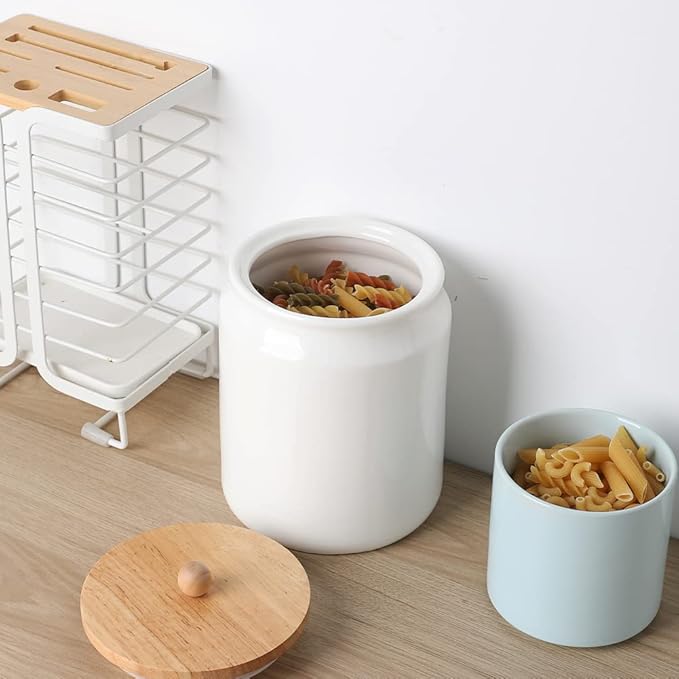 Sweejar Ceramic Kitchen Canisters, 58 FLOZ Porcelain Food Storage Jar with Airtight Seal Wooden Lid, Home Container Serving for Coffee Beans, Tea-leave, Sugar, Salt and More, Tool Bucket (White)-Ruum Studio Home
