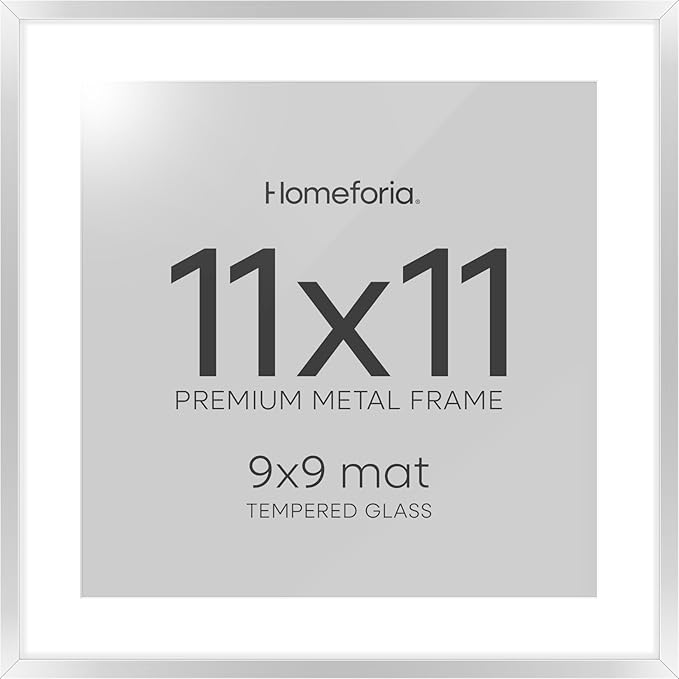 Homeforia 11x11 Picture Frame Silver, High End Metal 11 by 11 Square Frames with Mat 9 x 9 Photo, 11x11 Thin Poster Frame Matted to 9x9 inch Art, Wall Hanging Frame, Tempered Glass, Wall Kit, Set of 1-Ruum Studio Home
