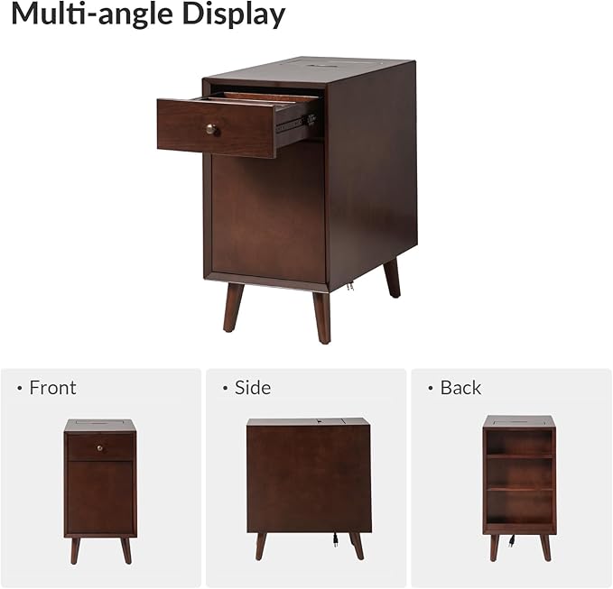 HULALA HOME End Table with Drawer and Charging Station, Modern End Table with USB Ports and Outlets, Wooden Side Table with Storage-Walnut-Ruum Studio Home