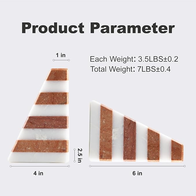 Marble Book Ends, Non-Skid Bookends for Shelves, Composite Bookend with Natural Stone, Heavy Duty Book Stopper, Collected CDs and Oversized Books Organizer, White & Red Decorative Bookends-Ruum Studio Home