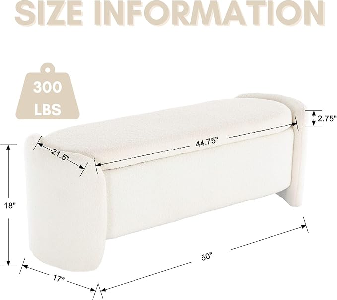 ROCTY White Boucle Storage Bench - 50" Sherpa Ottoman Bench for Bedroom, Entryway, Living Room & Vanity - Teddy Fabric with Storage & Seating-Ruum Studio Home