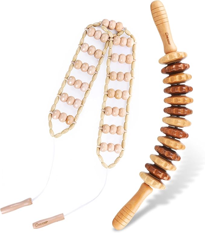 ONUEMP 2PCS Wood Therapy Massage Tools, Wooden Massage Roller Stick & Back Massager Roller Rope, Maderoterapia Kit Colombiana for Lymphatic Drainage, Anti Cellulite, Body Sculpting, Ease Deep Tissue-Ruum Studio Home
