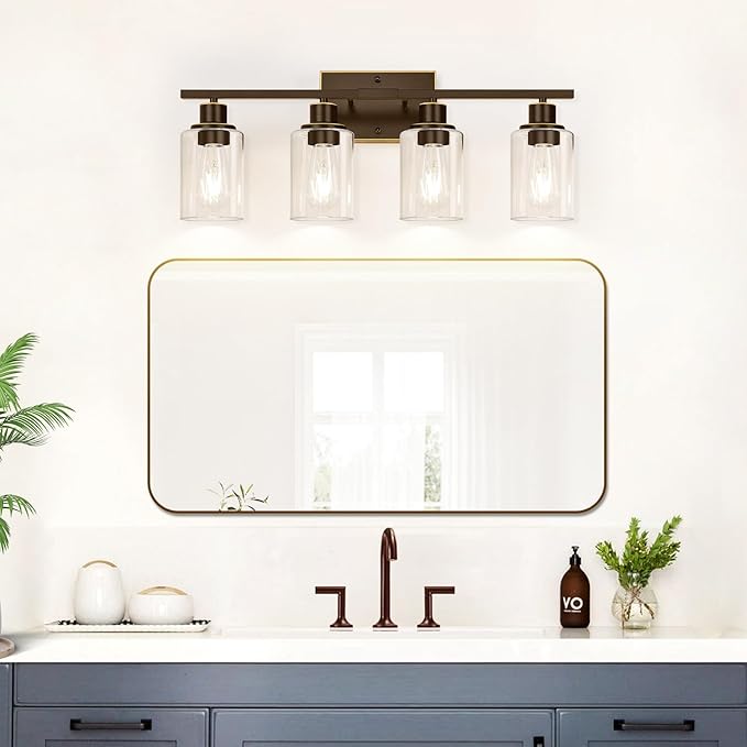 4 Light Bathroom Light Fixtures, Oil-Rubbed Bronze Modern Vanity Lights with Clear Glass Shades, Bathroom Wall Lamp for Mirror Living Room Cabinet-Ruum Studio Home