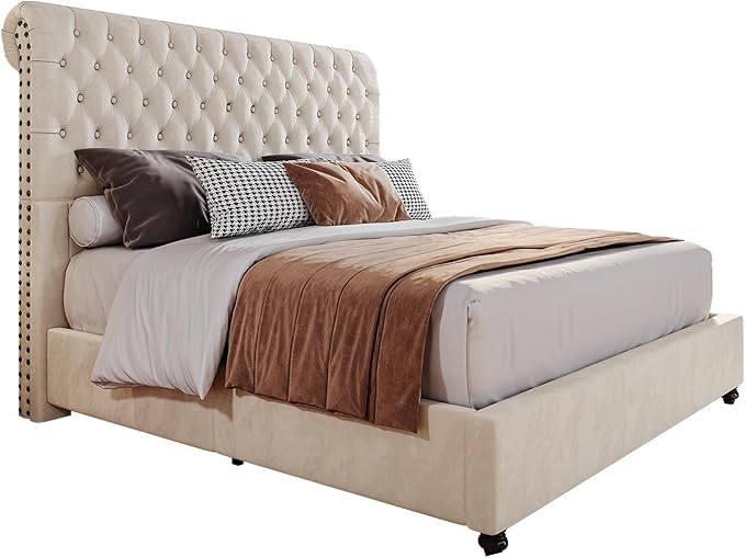 PaPaJet King Bed Frame Upholstered Platform Bed Frame with 52.8'' Tall Sleigh Headboard, Button Tufted, No Box Spring Needed, Easy Assembly, Cream-Ruum Studio Home