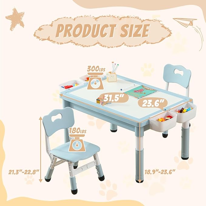 Multi Functional Kids Table and 2 Chairs Set, Graffiti & Building Blocks Double-Sided Tabletop, Toddler Play Table with Drawers, Large Storage Space, Gift for Boys/Girls, Blue-Ruum Studio Home