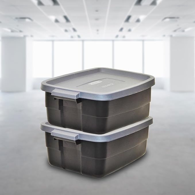 Rubbermaid Roughneck Tote 10 Gal, 6 Pack, Made in USA, Black & Gray, Rugged Plastic Stackable Storage Bins with Lids and Handles-Ruum Studio Home