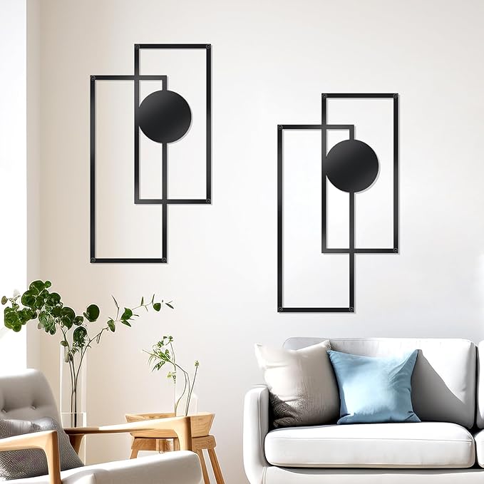 OYEFLY 2 Pcs Metal Abstract Wall Art,Modern Geometric Decor (Black, style 3)-Ruum Studio Home