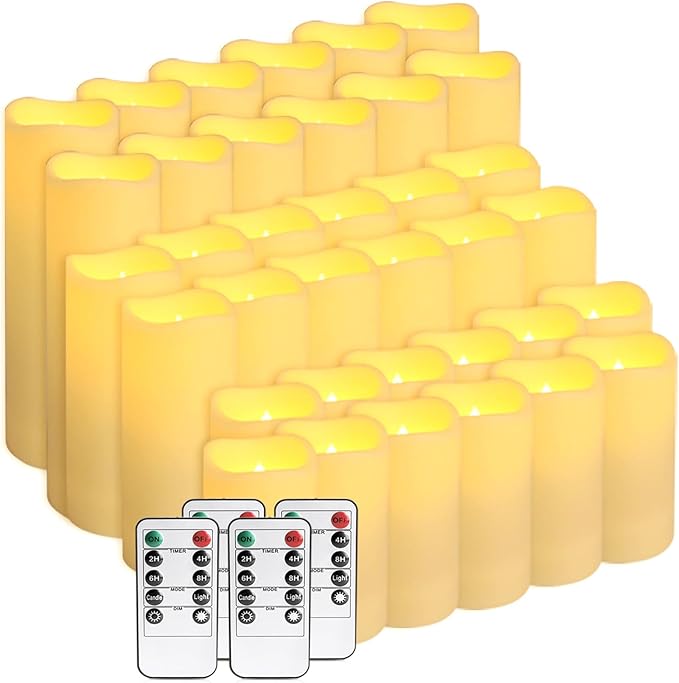 36-Pack Flickering Flameless Candles with Remote Control - LED Fake Candle Perfect for Wedding,Outdoor,Table,Halloween,Christmas Decor - Create a Magical Ambiance Effortlessly(Three Sizes)-Ruum Studio Home