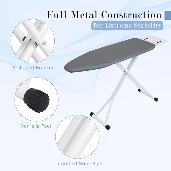 Ironing Board 48" X 13" with Safety Iron Rest Height Adjustable Iron Table Features Reinforced Steel Legs, Heat Resistant Cover, Grey-Ruum Studio Home