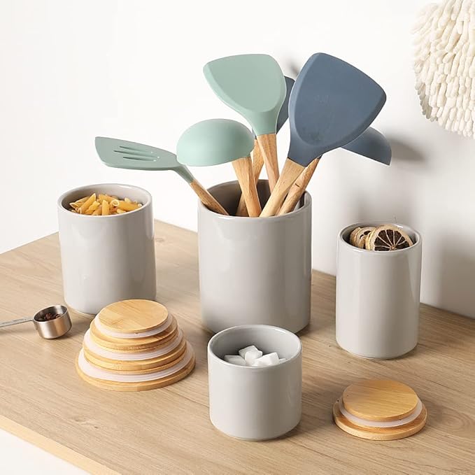 Sweejar Ceramic Kitchen Canister Sets, Porcelain Container for Countertop, Heavy Food Storage Jars with Airthight Seal Bamboo Lid, Servering for Sugar, Coffee Beans, Tea Leaves, Pack of 4（Gray）-Ruum Studio Home