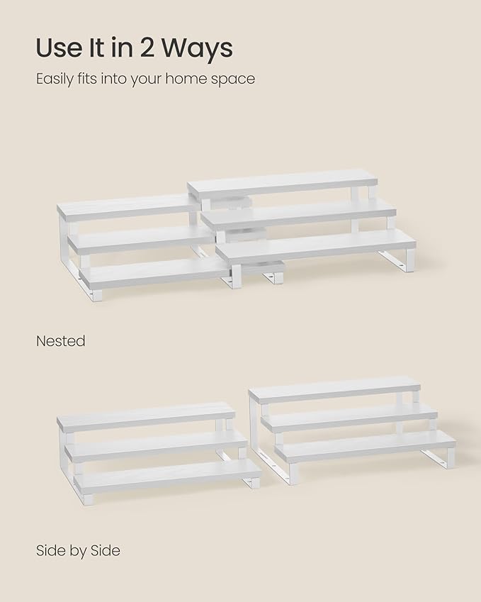 SONGMICS Display Risers, Set of 2 Engineered Wood Perfume Organizer Stand, 3-Tier Cupcake Stand Holder, Spice Rack, Shelf Risers for Figures, Dessert Shelves, Snow White and Cloud White UKCS116W01-Ruum Studio Home