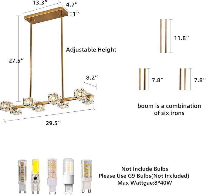 Dining Room Light Fixture,Gold Modern Crystal Chandelier Rectangular Pendant Light with 8 Light Farmhouse Chandeliers for Kitchen Island Dining Room Living Room Bedroom-Ruum Studio Home
