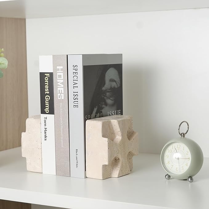 Natural Marble Bookends for Heavy Books, Heavy Duty Square Decorative Stone Book Ends for Shelves, Aesthetic Travertine Book Holder, Modern Office Bookshelf Stopper Decor, Beige, Set of 2-Ruum Studio Home