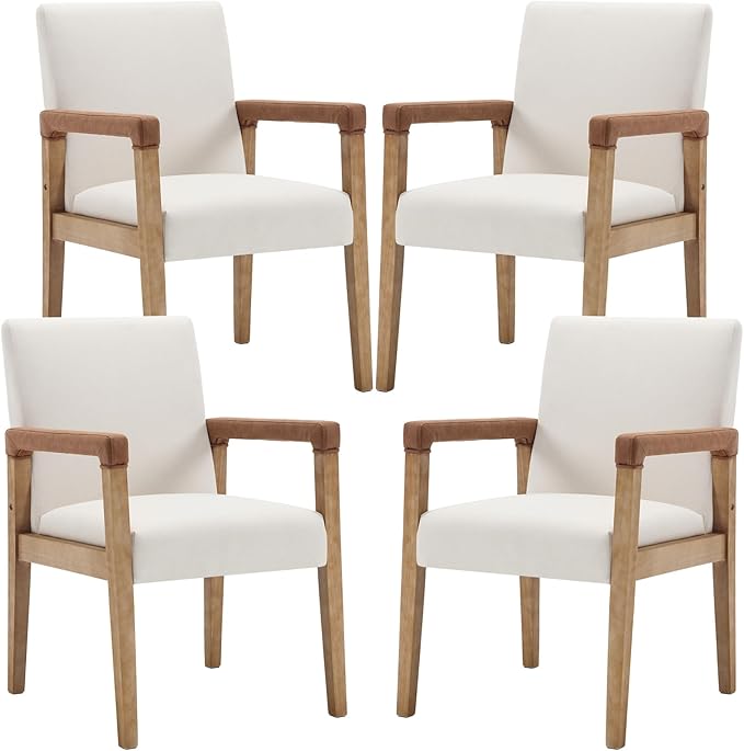 Mid Century Modern Dining Chairs Set of 4 Fabric Upholstered Living Room Side Chair, Kitchen Arm Chair with Solid Wood Legs for Home Restaurant, Linen White-Ruum Studio Home
