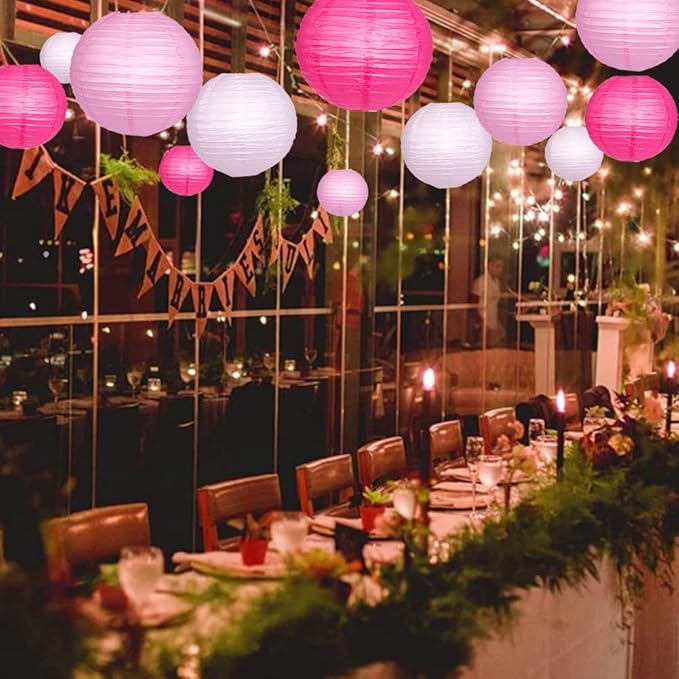 Paper Lanterns Decorative, Pink Hanging Round Chinese Lanterns with Lights for Engagement Bachelorette Birthday Party 12 LED Light Pack of 12-Ruum Studio Home